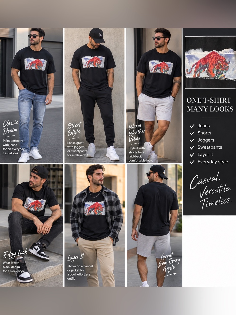 Men’s Black Tiger Graphic T-Shirt – Size Large
